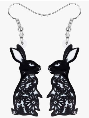 Hand Crafted Black And White Floral Lace Style Rabbit Dangle Earrings